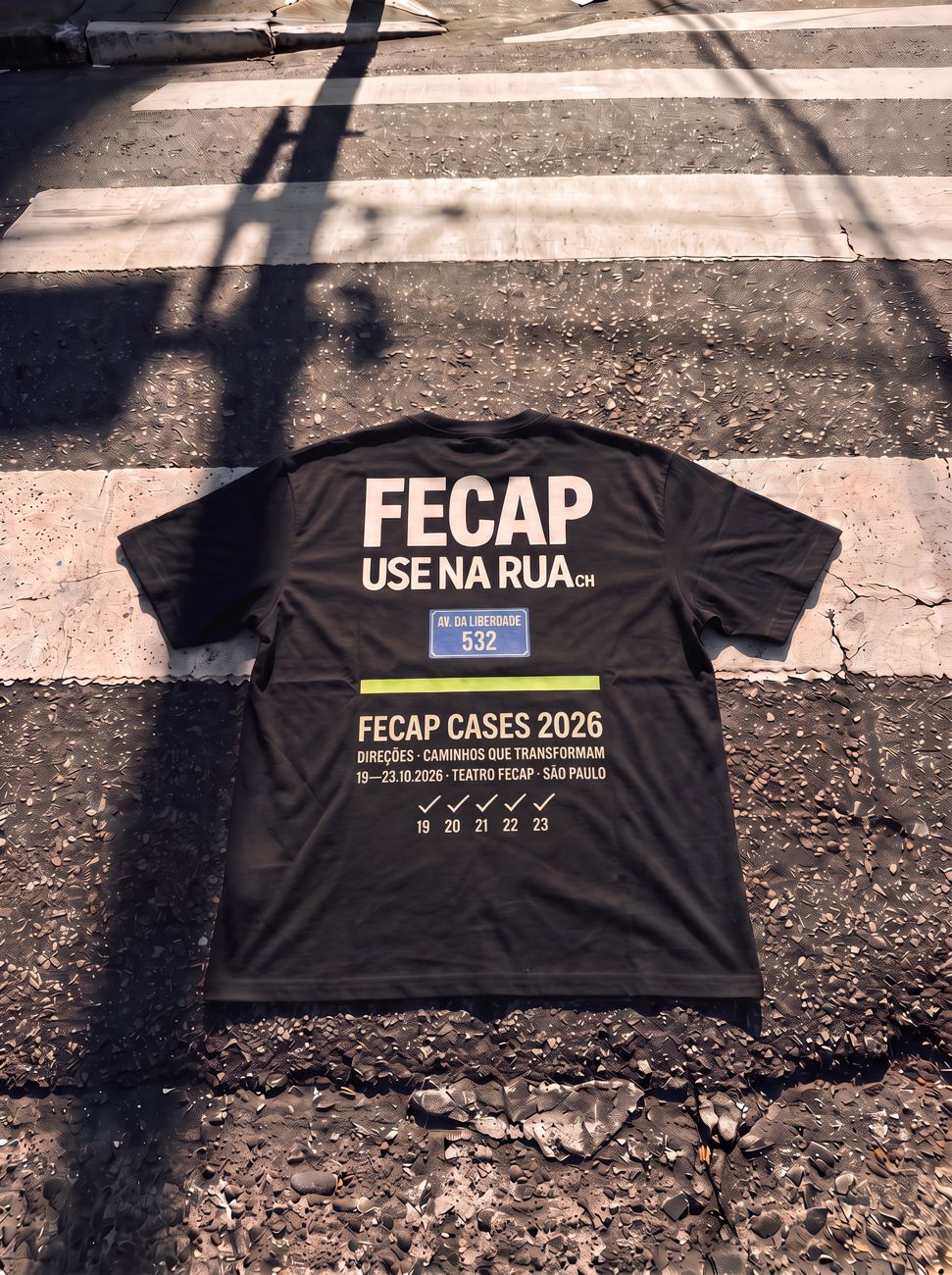Camiseta preta com FECAP e os dados do evento