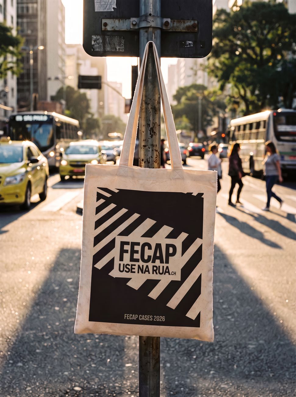 Ecobag pendurada na placa de rua